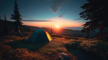 dageraad in de wild, camping Bij zonsopkomst. generatief ai foto