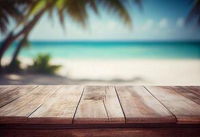 tafel in voorkant van wazig tropisch strand van zomer tijd achtergrond. ai gegenereerd foto