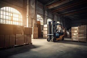 heftruck voor bezig met laden pallets met pakketjes in magazijn interieur. generatief ai foto