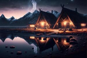 viking huizen in een viking landschap door ai gegenereerd foto