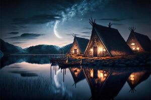 viking huizen in een viking landschap door ai gegenereerd foto