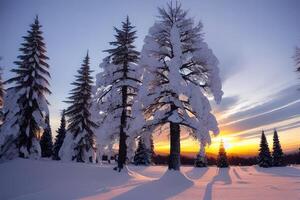winter zonsondergang in een winter wonderland landschap door ai gegenereerd foto