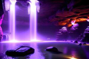 enorm spa in een nat grot waterval Purper verlichting door ai gegenereerd foto