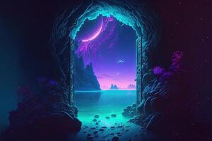 fantasie 's nachts tafereel toekomst met abstract eiland maanlicht door ai gegenereerd foto