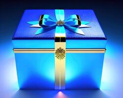 geschenk doos met magisch schijnend licht door ai gegenereerd foto