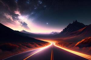 een weg onder een nacht lucht gevulde met sterren een matte schilderij door ai gegenereerd foto