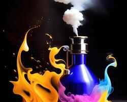 een fles gevulde met vloeistof en gekleurde rook door ai gegenereerd foto