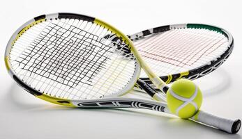 gebroken tennis rackets en bal Aan wit achtergrond, generatief ai foto