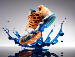 futuristische tennis schoen concept, oranje en blauw, vloeistof het formulier, generatief ai foto