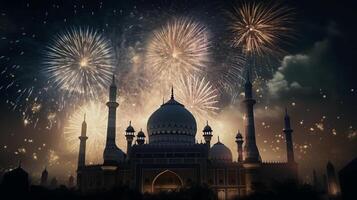 viering achtergrond met een moskee en vuurwerk in de nacht lucht. eid viering concept ai gegenereerd artwork foto