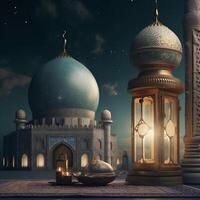 Ramadan kareem groet kaart. Arabisch lantaarns, maan en moskee Bij nacht. ai gegenereerd artwork foto