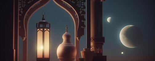 Ramadan kareem groet kaart. Arabisch lantaarns, maan en moskee Bij nacht. ai gegenereerd artwork foto