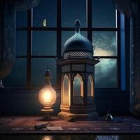 Ramadan kareem groet kaart. Arabisch lantaarns, maan en moskee Bij nacht. ai gegenereerd artwork foto