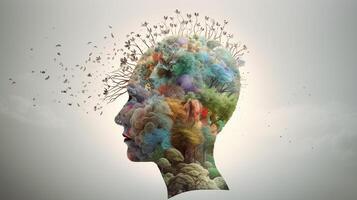 conceptuele beeld van een menselijk hoofd met kleurrijk hersenen en herfst bladeren. mentaal Gezondheid concept ai gegenereerd artwork foto