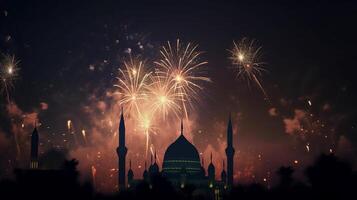 viering achtergrond met een moskee en vuurwerk in de nacht lucht. eid viering concept ai gegenereerd artwork foto