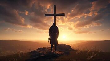 silhouet van een Mens staand Aan een berg met een kruis. ai gegenereerd artwork foto