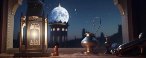 Ramadan kareem groet kaart. Arabisch lantaarns, maan en moskee Bij nacht. ai gegenereerd artwork foto