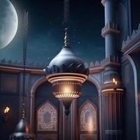 Ramadan kareem groet kaart. Arabisch lantaarns, maan en moskee Bij nacht. ai gegenereerd artwork foto