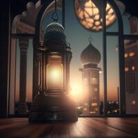 Ramadan kareem groet kaart. Arabisch lantaarns, maan en moskee Bij nacht. ai gegenereerd artwork foto