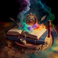 magisch boek van zich afvragen kleurrijk rook mooi. generatief ai foto
