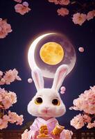 antropomorf schattig en schattig konijn Holding een maan taart jurk. generatief ai foto