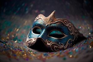elegant Venetiaanse mardi gras masker aan het liegen Aan grond. generatief ai foto
