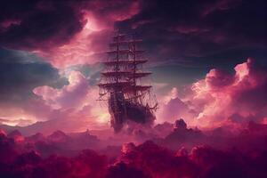 monumentaal majestueus piraat schip stijgend Aan roze wolken. generatief ai. foto