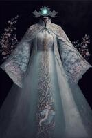 verbijsterend Chinese Hanfu zijde bruiloft jurk geborduurd. generatief ai. foto