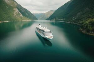 groot reis schip in fjorden. toerisme vakantie en zomer reizend. generatief ai foto