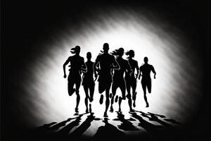 marathon Aan gemakkelijk achtergrond zwart silhouetten van rennen. generatief ai foto