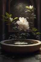 Daar zijn drijvend wit jasmijn bloemen in de water tank. generatief ai foto