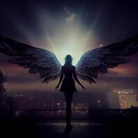 meisje engel met verspreiding draak Vleugels Aan gloed. generatief ai. foto