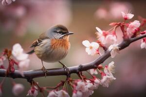 schattig weinig Europese Robin vogel detailopname foto. Europese Robin vogel zittend Aan een kers bloesem boom Afdeling. een realistisch en gedetailleerd schattig vogel zittend Aan een boom Afdeling. generatief ai. foto