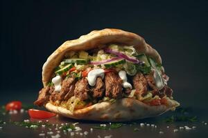 doner kebab Aan een pita brood Aan een donker achtergrond ai gegenereerd foto