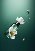 fles van parfum met wit bloemen en bloemblaadjes Aan groen achtergrond ai gegenereerd foto