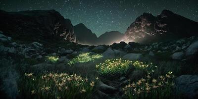 een sterrenhemel nacht lucht met een veld- van bloemen in de voorgrond en een sterrenhemel lucht in de achtergrond ai gegenereerd foto