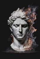 portret van een oude marmeren standbeeld met een vlam in de achtergrond ai gegenereerd foto