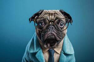 grappig mopshond hond vervelend bril met pak in de blauw achtergrond ai gegenereerd foto