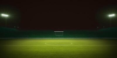 universeel gras stadion verlichte door schijnwerpers en leeg groen gras speelplaats ai gegenereerd foto