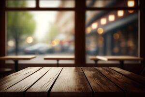 leeg hout tafel top en vervagen glas venster interieur restaurant ai gegenereerd foto