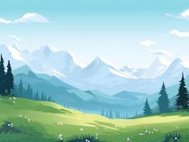 illustratie van vlak zomer tekenfilm landschap. velden met bomen en bergen in de achtergrond. generatief ai. foto