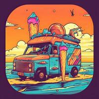 vintage, retro surfen busje met handpalmen, zon en een meeuw. hand getekend t-shirt grafiek, afdrukken. vector illustratie. generatief ai. foto