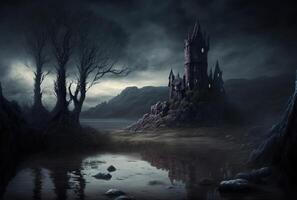 fantasie somber nacht landschap met kasteel. generatief ai foto