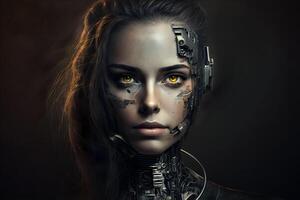 ai gegenereerd detailopname portret van cybernetisch kunstmatig vrouw android robot foto