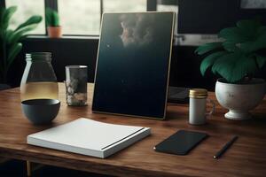 ai gegenereerd mockup van modern laptop, smartphone, Mac, pc, tablet Aan de tafel foto