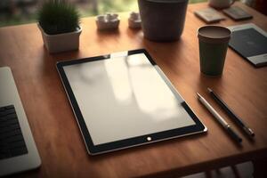 ai gegenereerd mockup van modern laptop, smartphone, Mac, pc, tablet Aan de tafel foto