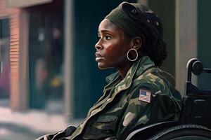met een donkere huid jong vrouw, leger officier, gehandicapt Mens in uniform en rolstoel Aan een stad straat. een Amerikaans held. generatief ai foto