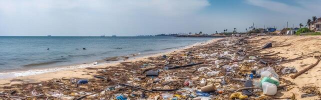 vuilnis gegooid door de storm Aan de strand. vuilnis langs de kust. milieu vervuiling. generatief ai foto