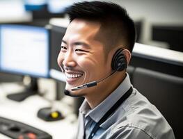 De japanners Mens is lachend, zittend Bij zijn bureau vervelend een hoofdtelefoon. werken in een telefoontje centrum. generatief ai. foto