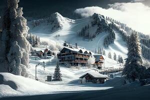 visie van de hotel, een chalet in een ski toevlucht tegen een backdrop van besneeuwd bergen. generatief ai foto